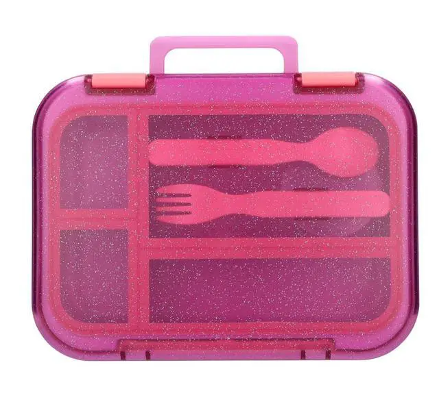 Alt view image 4 of 6 - Kids 4-Compartment Plastic Bento Box with Removable Tray, Fork, Spoon, and Dressing Container, Pink Glitter