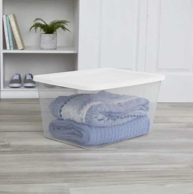 Main image of 58 Quart Medium Storage Bin, Clear Plastic Storage Container with Snap-On Lid, White