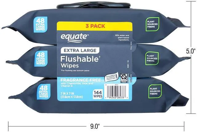 Alt view image 2 of 5 - Equate Extra Large Flushable Wet Wipes, Fragrance Free, 144 Wipes, 3 Pack