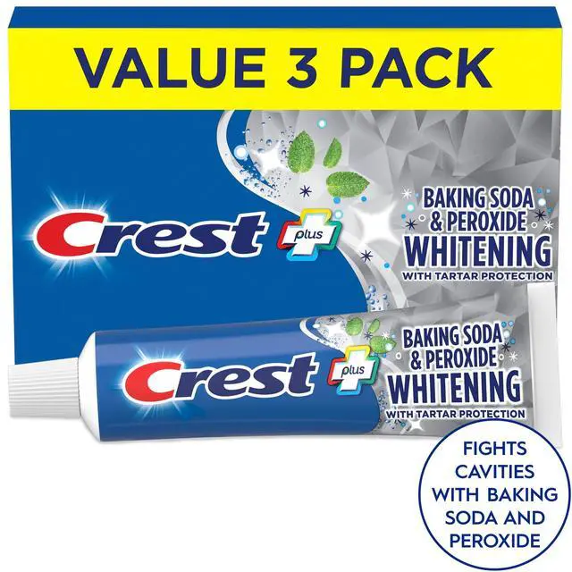 Alt view image 5 of 6 - Crest Plus Baking Soda & Peroxide Whitening Toothpaste, Fresh Mint, 5.7 oz, Pack of 3