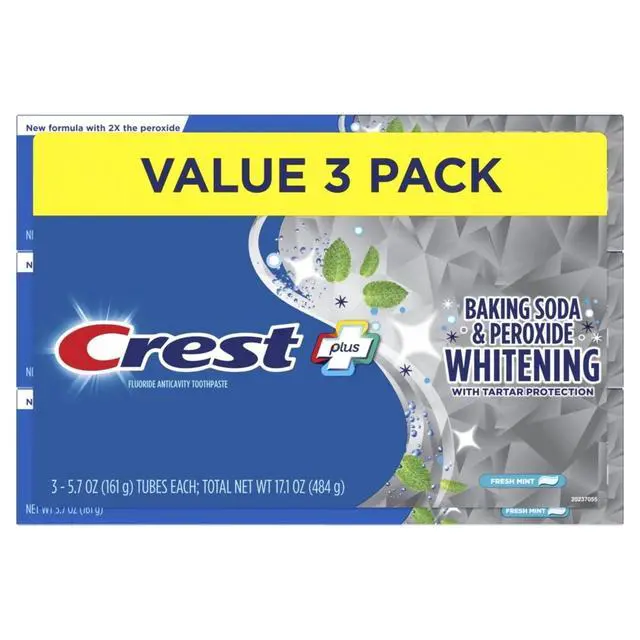 Alt view image 6 of 6 - Crest Plus Baking Soda & Peroxide Whitening Toothpaste, Fresh Mint, 5.7 oz, Pack of 3