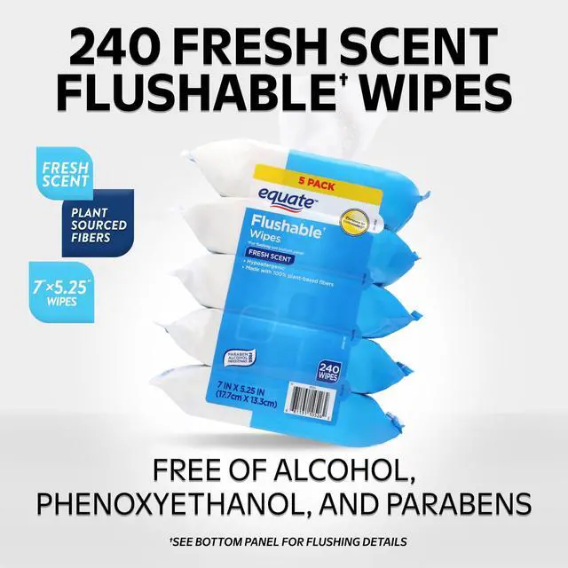 Alt view image 5 of 5 - Equate Flushable Cleansing Cloths, Fresh Scent, 240 Wipes, 5 Resealable Packs