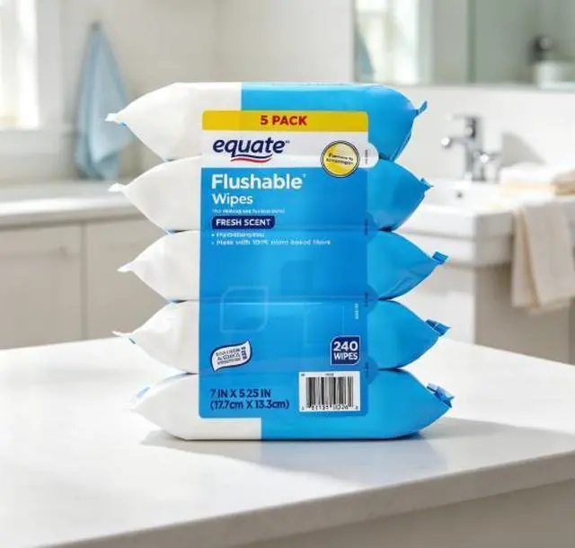 Main image of Equate Flushable Cleansing Cloths, Fresh Scent, 240 Wipes, 5 Resealable Packs