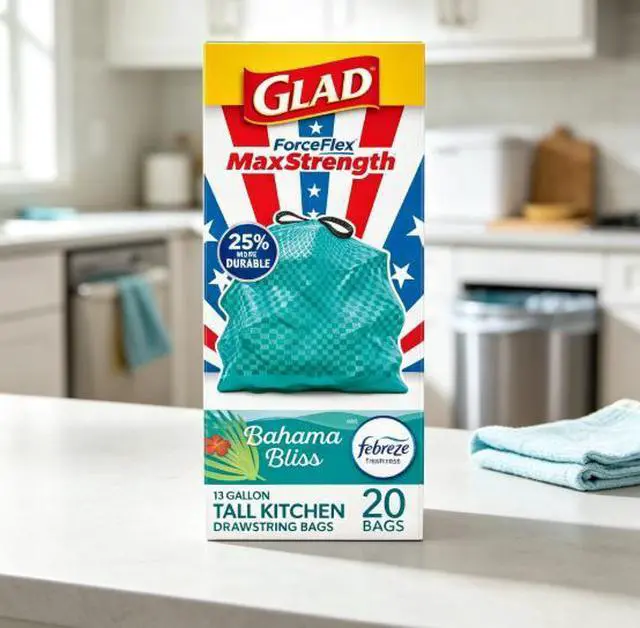 Main image of Glad ForceFlex MaxStrength 13-Gallon Teal Drawstring Tall Kitchen Trash Bags, Febreze Freshness Bahama Bliss Scent, 20 Bags
