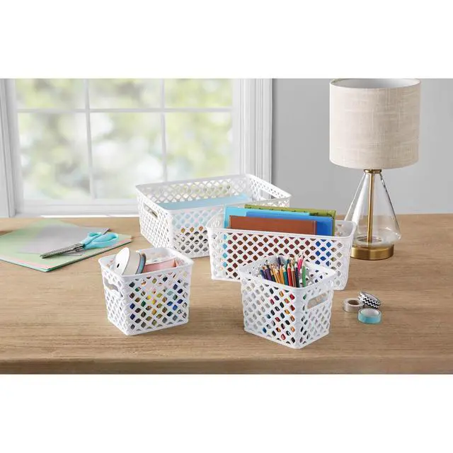 Alt view image 7 of 7 - Mainstays 4-Piece White Decorative Plastic Storage Basket Set, 14 in x 11.6 in x 5.3 in