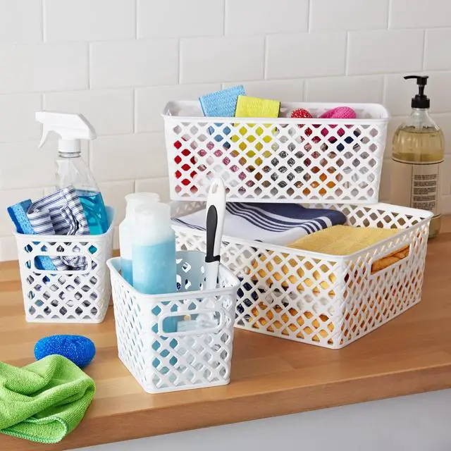 Alt view image 2 of 7 - Mainstays 4-Piece White Decorative Plastic Storage Basket Set, 14 in x 11.6 in x 5.3 in