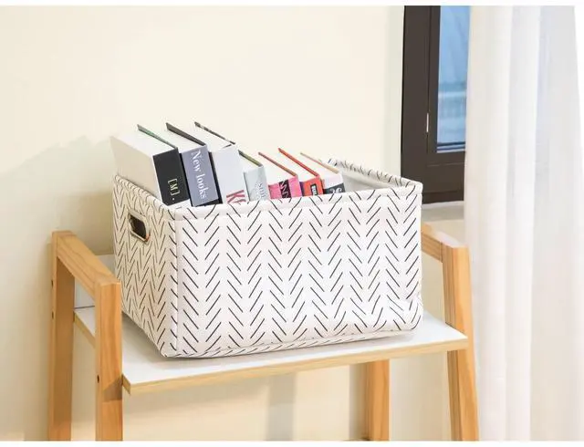 Main image of Mainstays Black and White Lines Canvas Fabric Decorative Storage Basket with Handles, 15 in x 8 in x 11 in