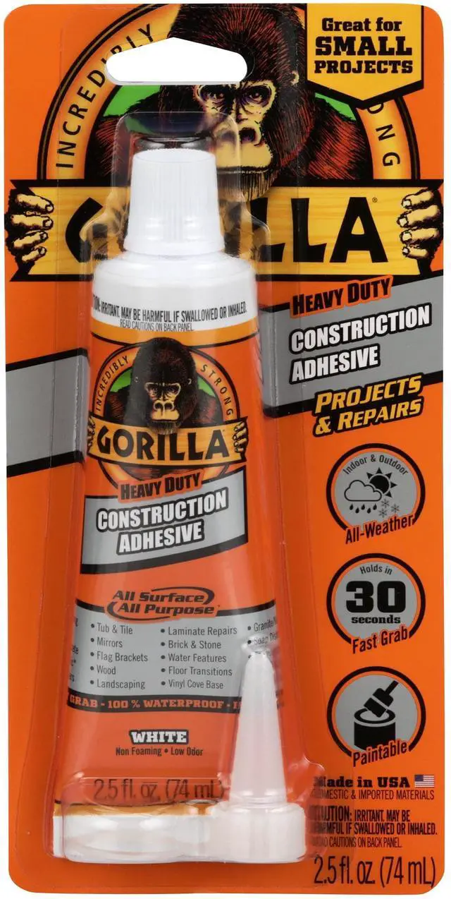 Main image of Gorilla Glue Heavy Duty Construction Adhesive, 2.5 oz, White. Model Is 8020002.