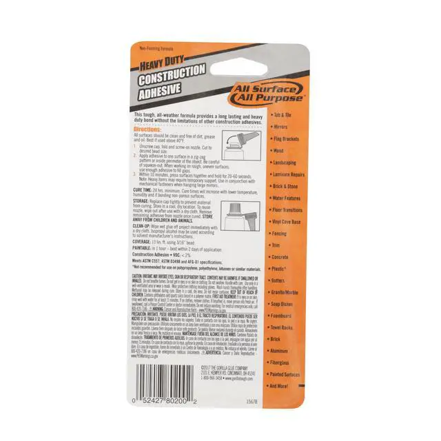 Alt view image 4 of 6 - Gorilla Glue Heavy Duty Construction Adhesive, 2.5 oz, White. Model Is 8020002.