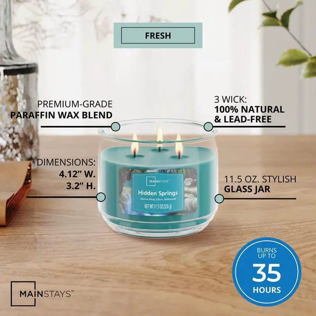 Alt view image 3 of 5 - (2 pack) Mainstays 3-Wick Scented Glass Jar Candle, Hidden Springs, 11.5 oz