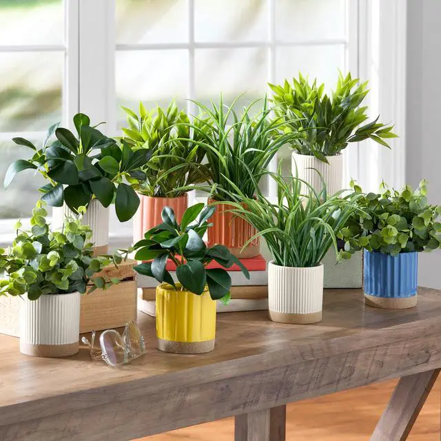 Alt view image 6 of 7 - Mainstays by Becky G. & Alejandra 8" Artificial Eucalyptus in Blue Two-Tone Ribbed Ceramic Pot