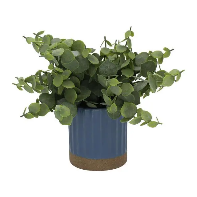 Alt view image 2 of 7 - Mainstays by Becky G. & Alejandra 8" Artificial Eucalyptus in Blue Two-Tone Ribbed Ceramic Pot