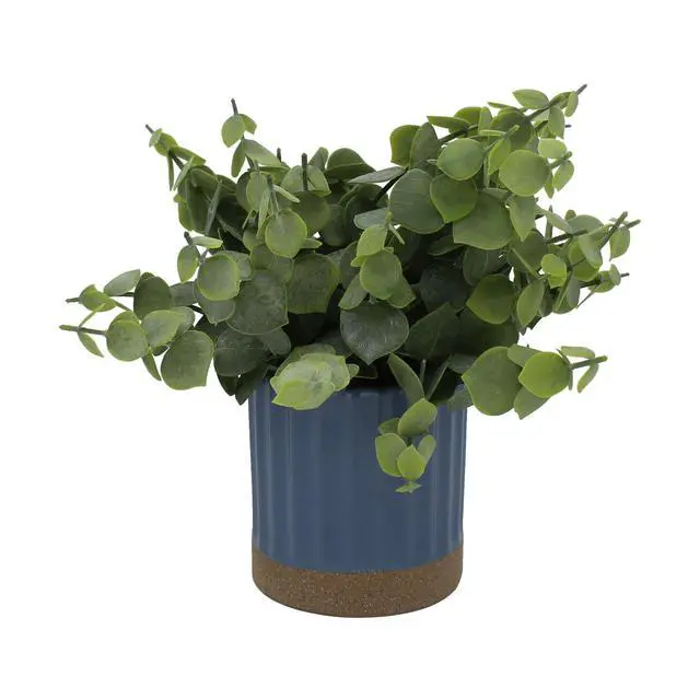 Alt view image 5 of 7 - Mainstays by Becky G. & Alejandra 8" Artificial Eucalyptus in Blue Two-Tone Ribbed Ceramic Pot
