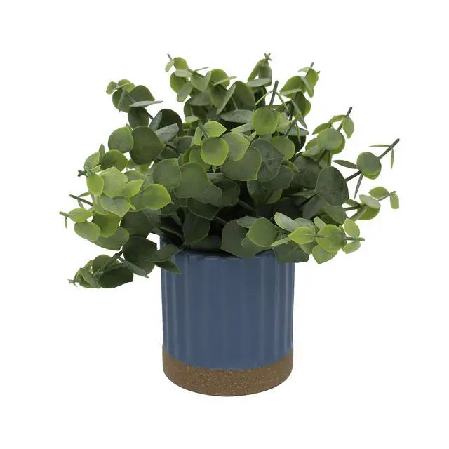 Alt view image 4 of 7 - Mainstays by Becky G. & Alejandra 8" Artificial Eucalyptus in Blue Two-Tone Ribbed Ceramic Pot