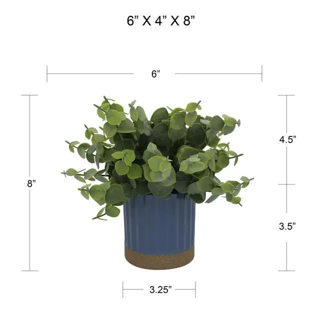 Alt view image 3 of 7 - Mainstays by Becky G. & Alejandra 8" Artificial Eucalyptus in Blue Two-Tone Ribbed Ceramic Pot