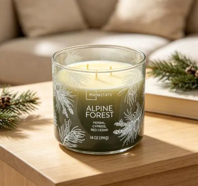 Main image of Mainstays Alpine Forest 3-Wick Ombre Wrapped Scented Jar Candle, 14 oz
