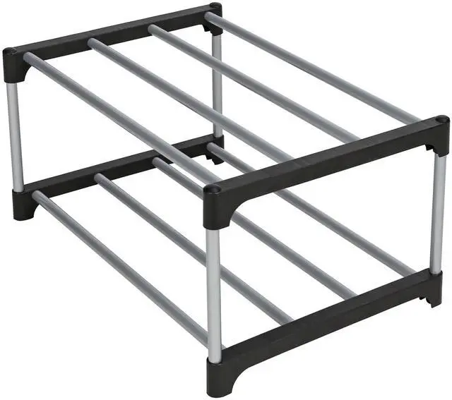 Main image of Mainstays 2-Tier Black and Silver Shoe Rack for Shoe Storage with Iron Poles & Plastic Connectors, Holds up to 4 Pairs