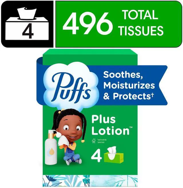 Main image of Puffs Plus Lotion Facial Tissues, 4 Family Boxes, 124 tissues per box