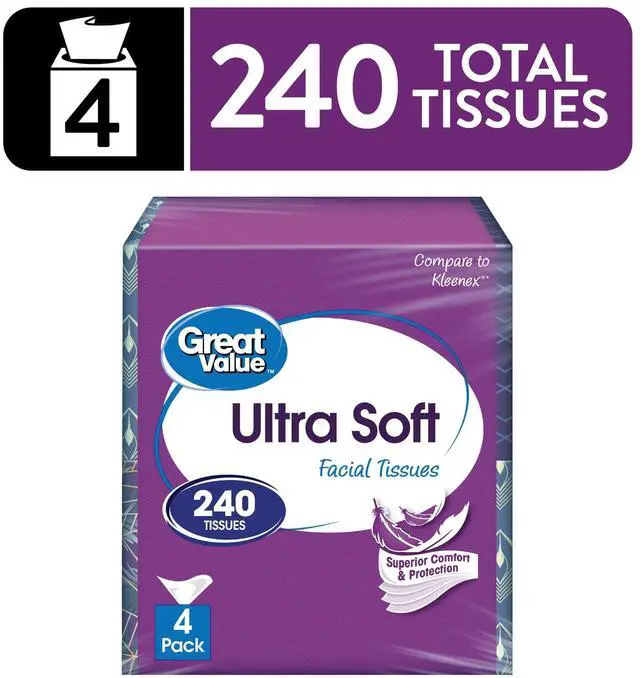 Main image of Great Value Ultra Soft Facial Tissues, 4 Cubes, 60 Tissues per Cube, 3-Ply, Compare to Kleenex