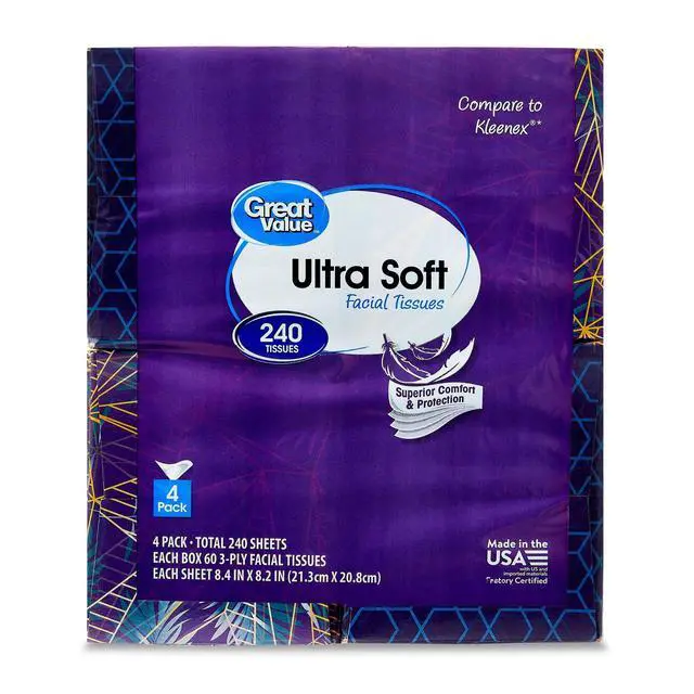 Alt view image 3 of 3 - Great Value Ultra Soft Facial Tissues, 4 Cubes, 60 Tissues per Cube, 3-Ply, Compare to Kleenex