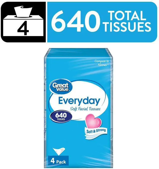 Main image of Great Value Everyday Soft Facial Tissues, 4 Flat Cartons, 160 Tissues per Carton, 2-Ply