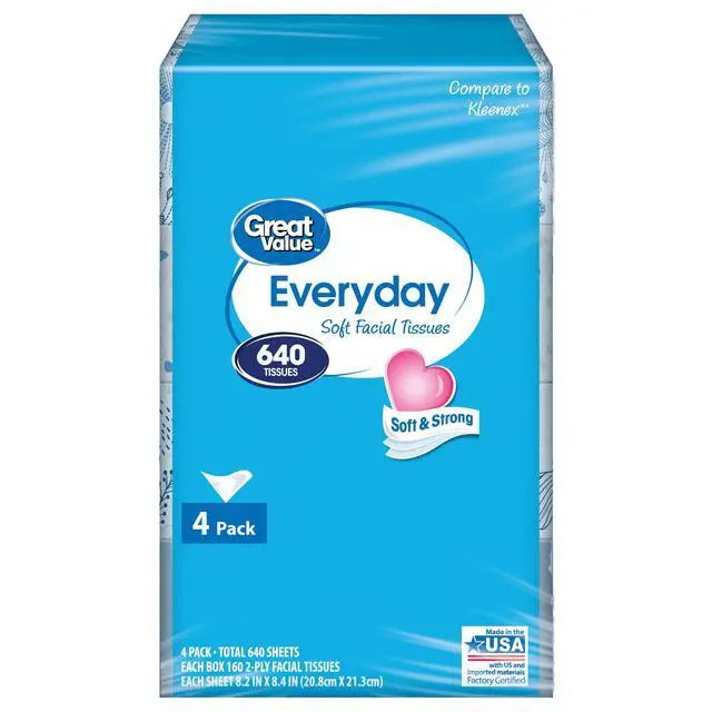Alt view image 4 of 4 - Great Value Everyday Soft Facial Tissues, 4 Flat Cartons, 160 Tissues per Carton, 2-Ply