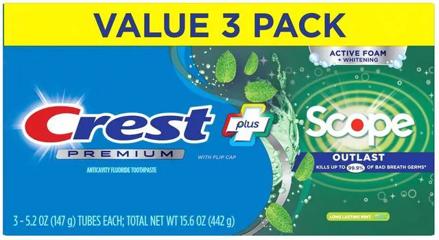 Alt view image 5 of 7 - Crest Toothpaste, Premium Plus Scope Outlast Fluoride Toothpaste, Mint, 5.2 oz, 3 pack