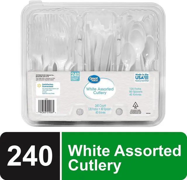 Main image of Great Value Plastic Disposable Cutlery Set, White, 240 Count