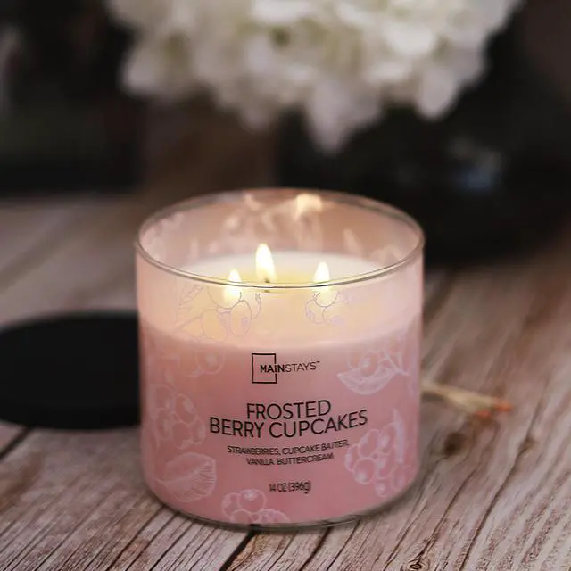 Alt view image 3 of 6 - Mainstays 3-Wick Ombre Wrap Frosted Berry Cupcakes Jar Candle, 14 Ounce