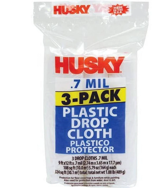 Main image of Husky Clear Plastic Drop Cloth, 0.7 Mil, 9 Ft x 12 Ft, 3 Pack
