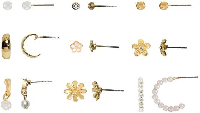 Main image of Time and Tru Womens Gold Mini Stud and Hoop Earring Collection, Flower Motif, 9 Pairs