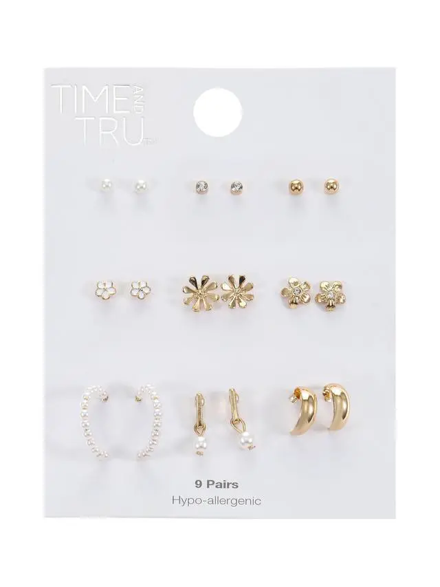 Alt view image 3 of 5 - Time and Tru Womens Gold Mini Stud and Hoop Earring Collection, Flower Motif, 9 Pairs