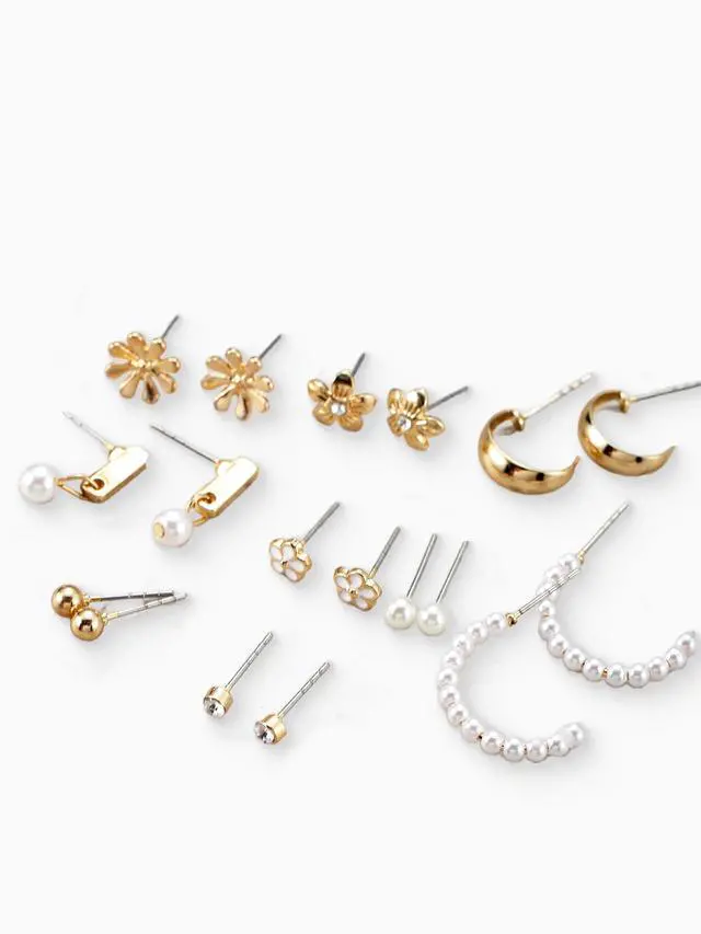 Alt view image 2 of 5 - Time and Tru Womens Gold Mini Stud and Hoop Earring Collection, Flower Motif, 9 Pairs