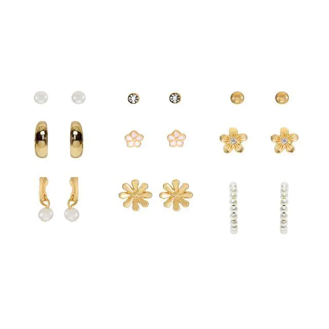 Alt view image 5 of 5 - Time and Tru Womens Gold Mini Stud and Hoop Earring Collection, Flower Motif, 9 Pairs