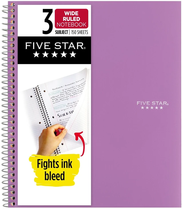 Main image of Five Star Spiral Notebook + Study App, 3 Subject, Wide Ruled, 8" x 10.5", Amethyst