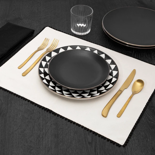 Alt view image 3 of 5 - Thyme & Table Placemat, Ivory with Black Pom Pom Trim, 14 x 19"
