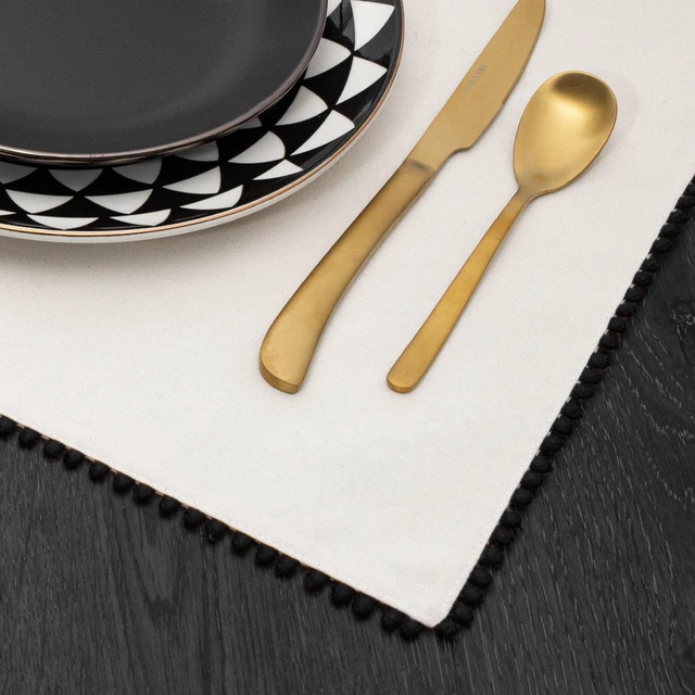 Alt view image 2 of 5 - Thyme & Table Placemat, Ivory with Black Pom Pom Trim, 14 x 19"