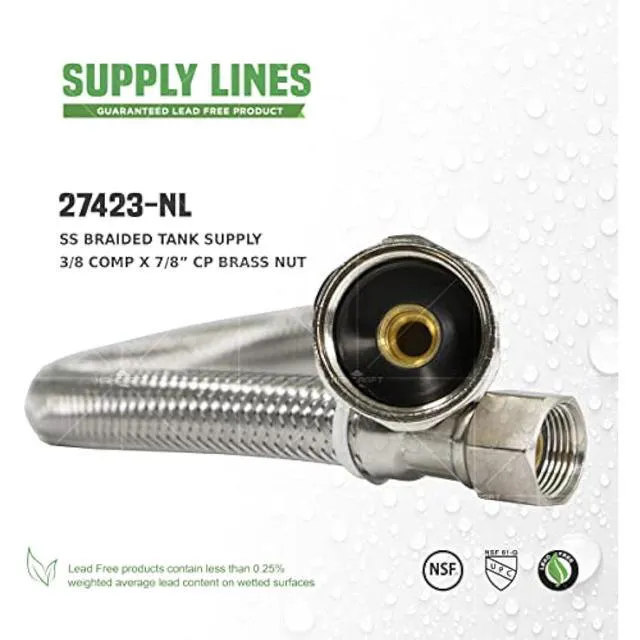 Alt view image 7 of 7 - Highcraft 27423-NL Lead Free Stainless Steel Braided Tank Supply Line with 3/8" Compression Fitting and 7/8" BC Brass Nut, 20"