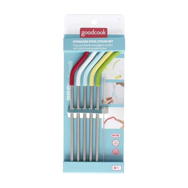 Alt view image 5 of 5 - GoodCook PROfreshionals Stainless Steel Reusable Straws with Cleaning Brush, Pack of 5