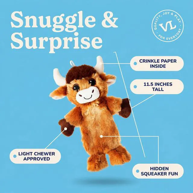 Alt view image 3 of 6 - Vibrant Life Brown Longhorn Plush Dog Toy with Crinkle and Squeaker, Chew Level 2