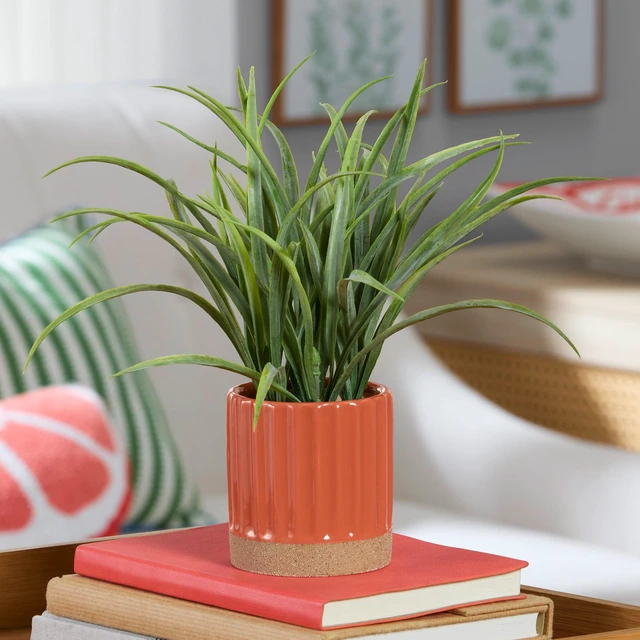 Alt view image 6 of 6 - Mainstays by Becky G. & Alejandra Artificial Grass in Orange Two-Tone Ribbed Ceramic Pot, 9.5 in