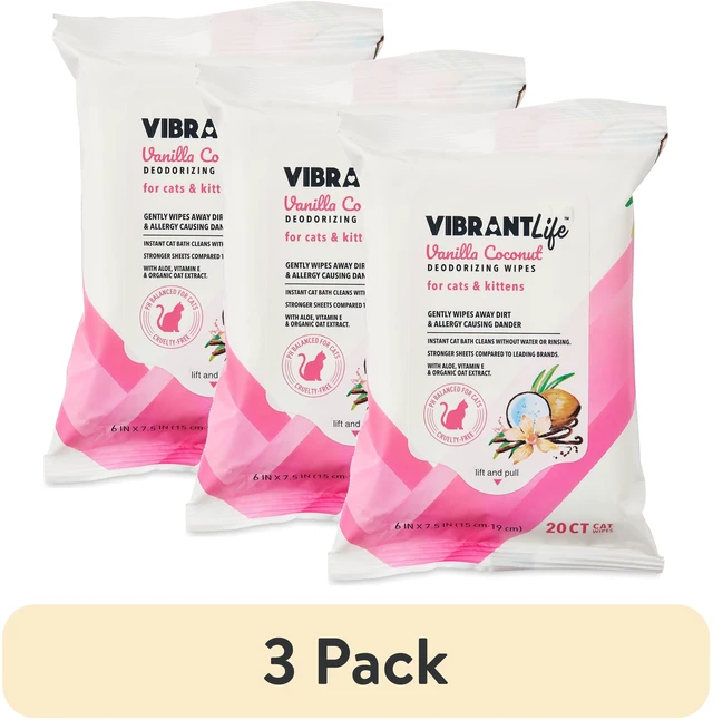 Main image of (3 pack) Vibrant Life Vanilla Coconut Deodorizing Wipes for Cats & Kittens, 20 Count