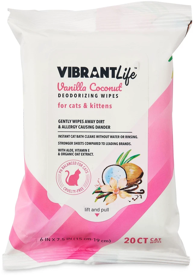 Alt view image 6 of 6 - (3 pack) Vibrant Life Vanilla Coconut Deodorizing Wipes for Cats & Kittens, 20 Count