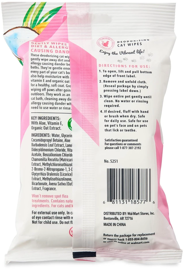 Alt view image 4 of 6 - (3 pack) Vibrant Life Vanilla Coconut Deodorizing Wipes for Cats & Kittens, 20 Count