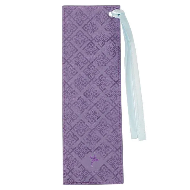Alt view image 2 of 2 - Christian Art Gifts Premium Vegan Leather Scripture Bookmark for Women: Strength & Dignity Inspirational Bible Verse Cute Hummingbord Book Accessory, Purple Multicolor Floral & Light Blue Satin Ribbon