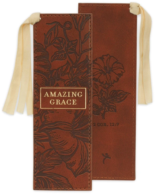 Main image of Christian Art Gifts Premium Vegan Leather Bookmark for Women: Amazing Grace - Inspirational, Cute Encouraging Faith-based Reading Accessory, Heat-debossed Floral Design w/ Canvas Ribbon, Brown & Gold