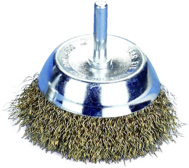 Main image of Robtec Crimped Brass Coated Steel Wire Cup Brush, 0.008" Wire, 3" x 1/4" Shank