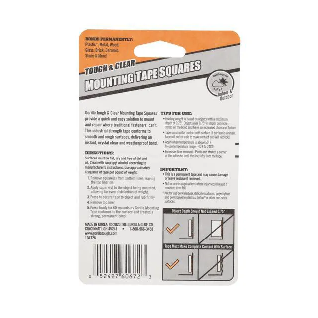 Alt view image 2 of 6 - Gorilla 1" Double-Sided Mounting Tape Squares, 24 Pre-Cut Pieces, Clear, Model 6068701, New