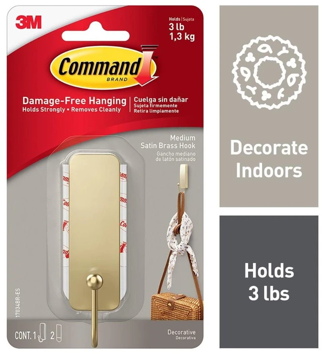 Main image of Command Medium Decorative Hooks, Matte Satin Brass, Damage Free Decorating, 1 Hook and 2 Strips