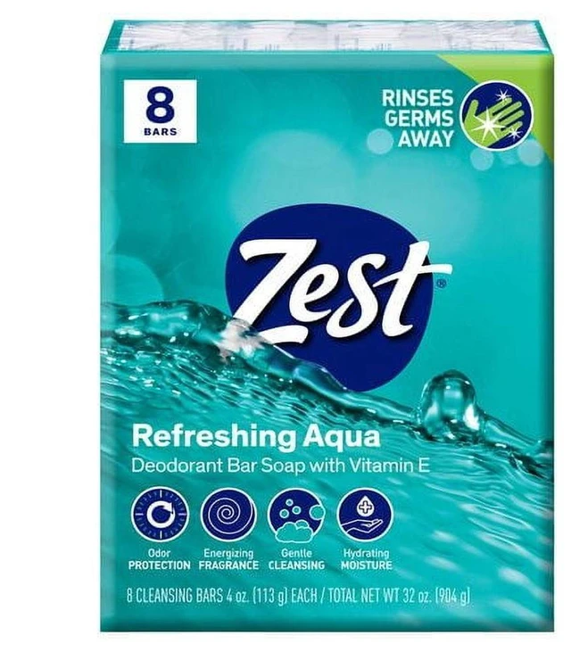 Main image of Zest Deodorant Bar Soap, Hydrating Moisture for All Skin Types, Aqua, 4 oz, 8 Bars